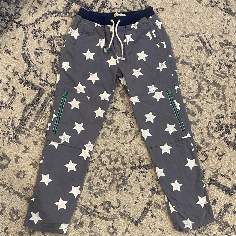 Gray Star Print Pants with Green Zippers; Mini Boden